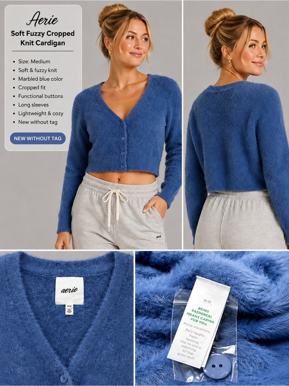 Aerie Soft Fuzzy Cropped Cardigan Marbled Blue Button Front Sweater Medium NWOT